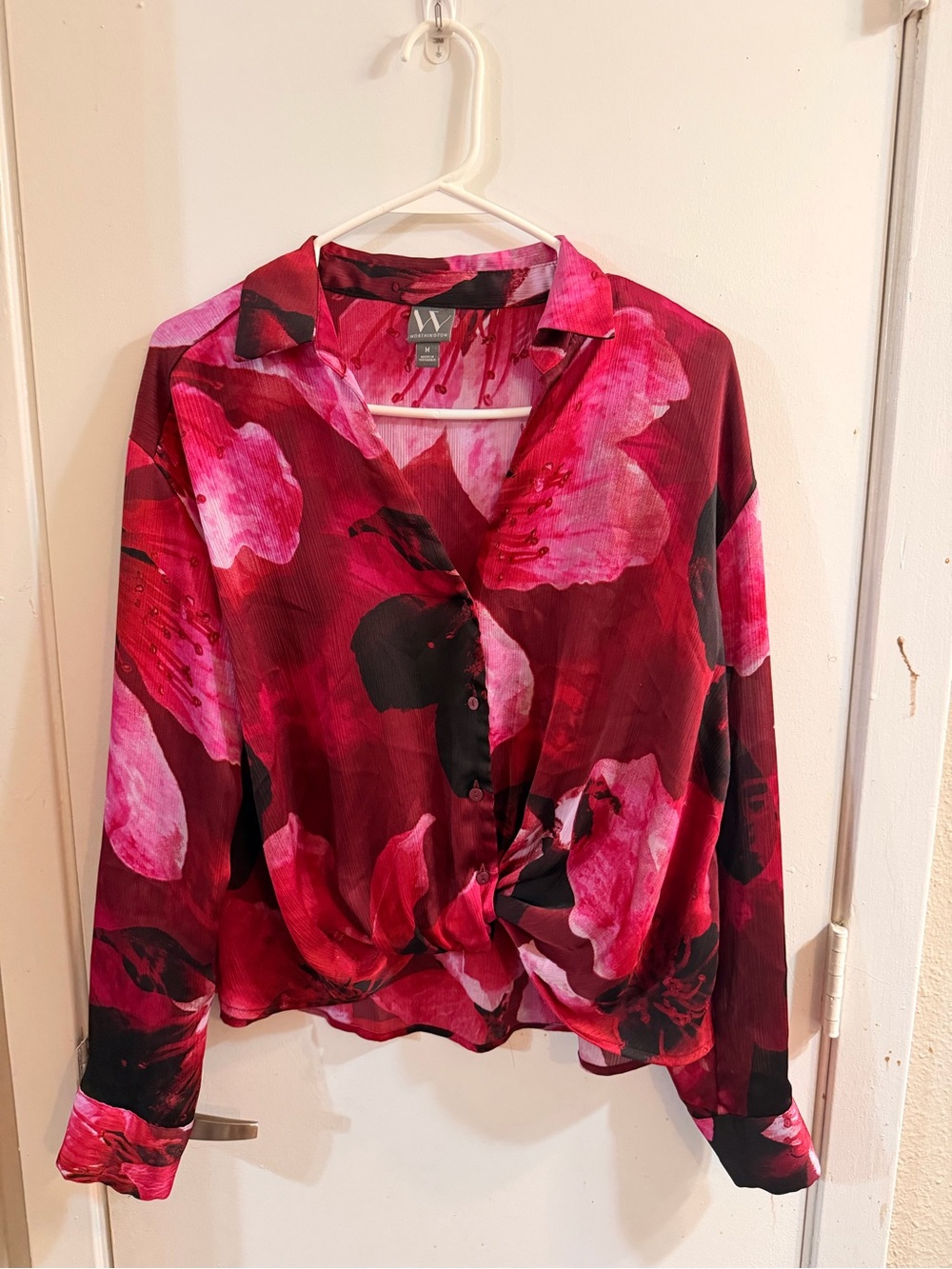 Worthington Pink and Red Floral Button-Front Blouse